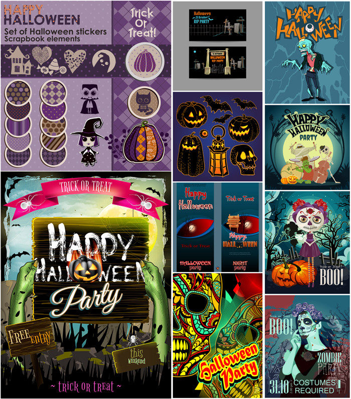 [395]万圣节涂鸦海报插画banner僵尸南瓜女巫 AI矢量设计素材