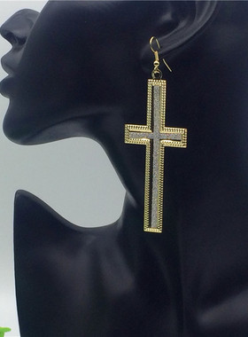 women earrings 2017欧美时尚夸张金色耳环 十字架磨砂超炫耳环