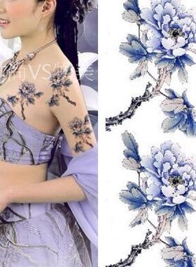 淡雅小清新纹身贴 蓝色牡丹花 写真 女款 防水 满18包邮