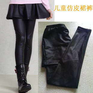 韩版2022春秋儿童亚光仿皮百褶裙裤爆款修身包臀裙裤女童皮假两件
