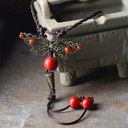 Original red beads handmade ethnic necklace jewelry alloy long necklace sweater chain retro simplicity 04084