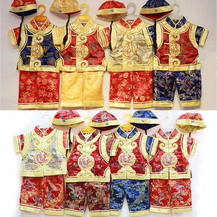 新年儿童唐装短宝宝摄影袖套装夏1-5周岁男童表演庆生礼服帽3件套