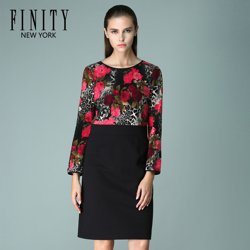 FINITY冬装新品连衣裙 复古印花女裙 拼接假两件中长袖女装