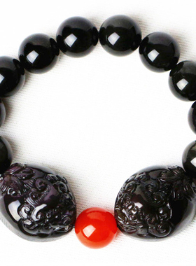 天然双貔貅黑曜石有求必应手串