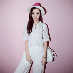 Single-row buckle spring/summer QUEENZZ/2015 Korean short sleeve shirt women tidal vertical stripes lapel CS198