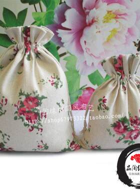 可爱粉色蔷薇花 零钱饰品袋 棉麻抽口袋 小布袋子束口收纳袋