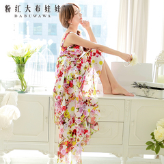 Gown dress big pink doll-white printing-color irregular hem romantic floral chiffon dress