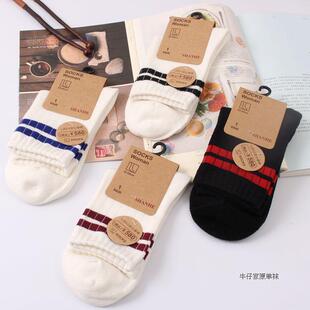 【4双装】春夏男女情侣款二条杠学院风女条纹纯棉袜子中统袜