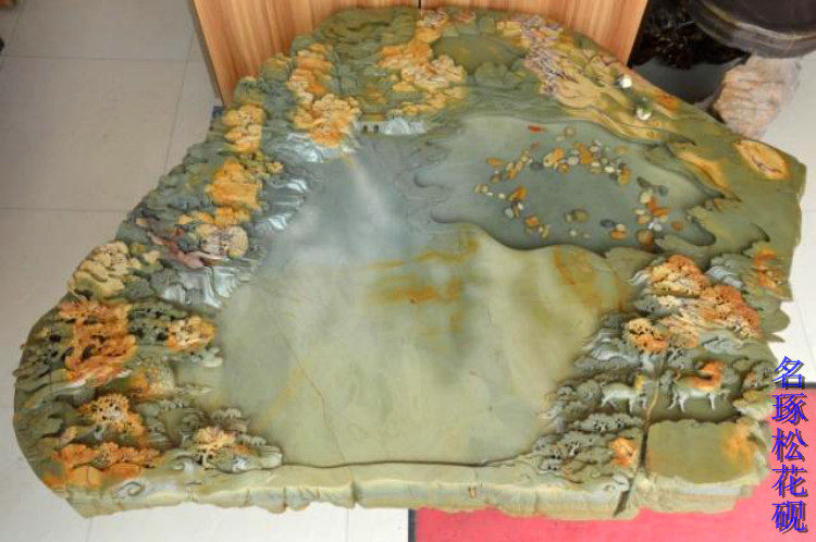 松花石茶海 茶盘 茶台 天然石材雕刻 通化松花石彩料 长白山秋景
