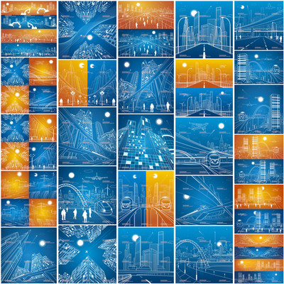 A0169矢量AI设计素材 现代城市建筑交通轨道线稿背景banner手绘