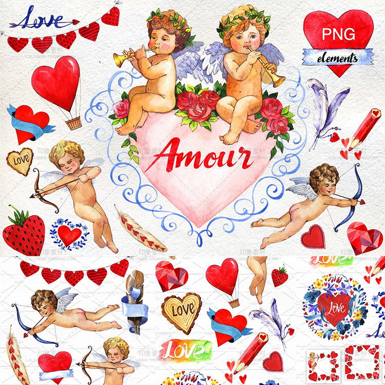 复古丘比特小天使爱心射箭草莓边框PNG免抠图片 情人节设计素材