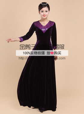 新款显瘦紫色亮片金丝绒女士大合唱礼服演出服丝绒指挥服可定制
