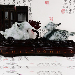 宏荔珠宝翡翠 缅甸A货正品玉器飘花鸳鸯翡翠摆件送锦盒底座