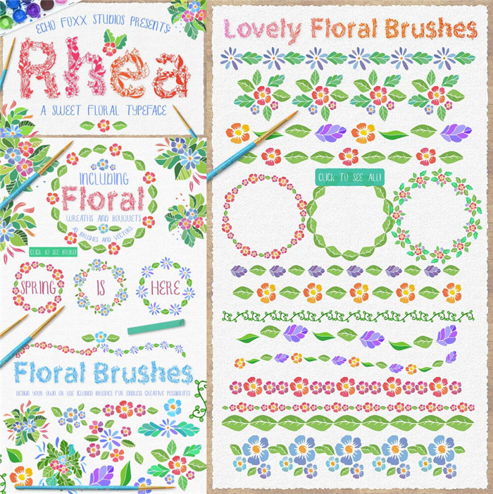 [545]英文手绘花卉字体平面设计素材花朵笔刷AI插件矢量图