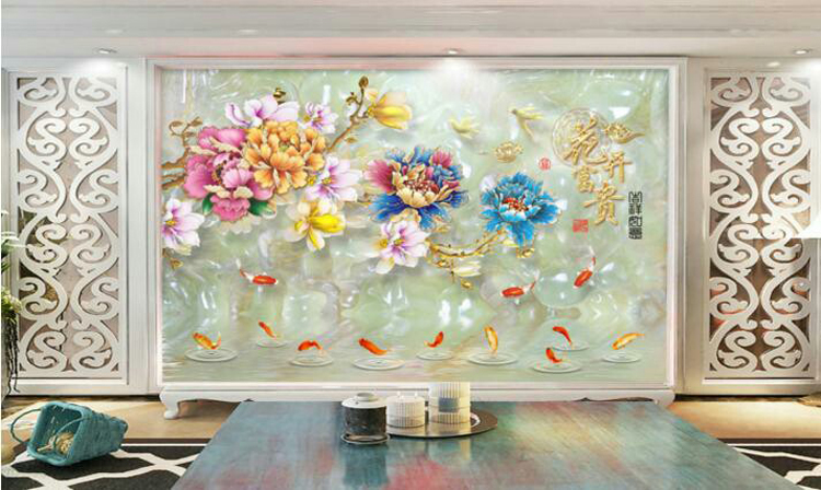 瓷砖背景墙 玄关过道 客厅电视沙发背景彩雕水晶釉 牡丹鱼玉雕3D