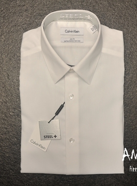 CK白色人字斜纹免熨烫修身商务长袖男衬衫衣CalvinKlein美国官网