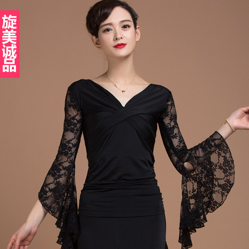 拉丁舞上衣女新款成人国标舞服装广场舞练习服蕾丝长袖舞蹈表演服