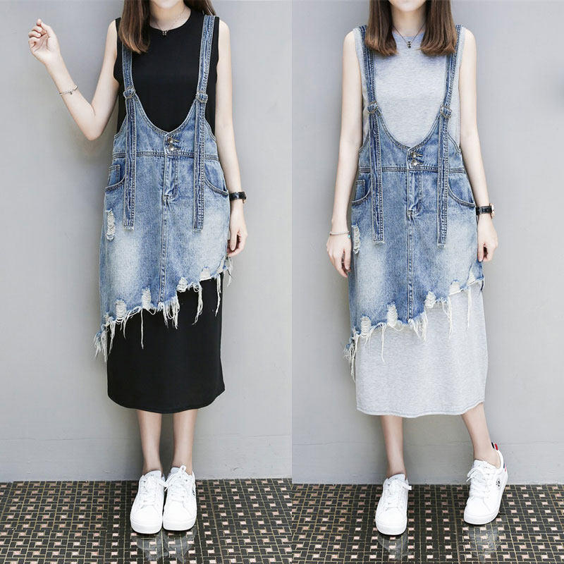 欧洲站2018夏装新款无袖背心连衣裙+毛边流苏牛仔背带裙套装女潮|ruв категории Женская одежда, костюм/студенты школьную форму/обмундирования, модный костюм - от Buy2taobao.com для оказания профессиональной услуги покупки агента Taobao