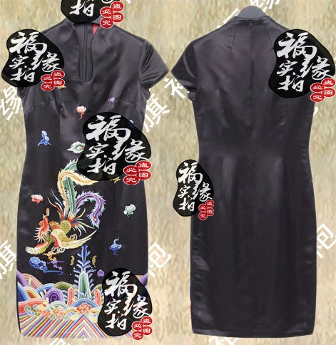 时尚小U领黑色重磅真丝绣花短旗袍裙定做 凤临山泽 宴会修身通勤