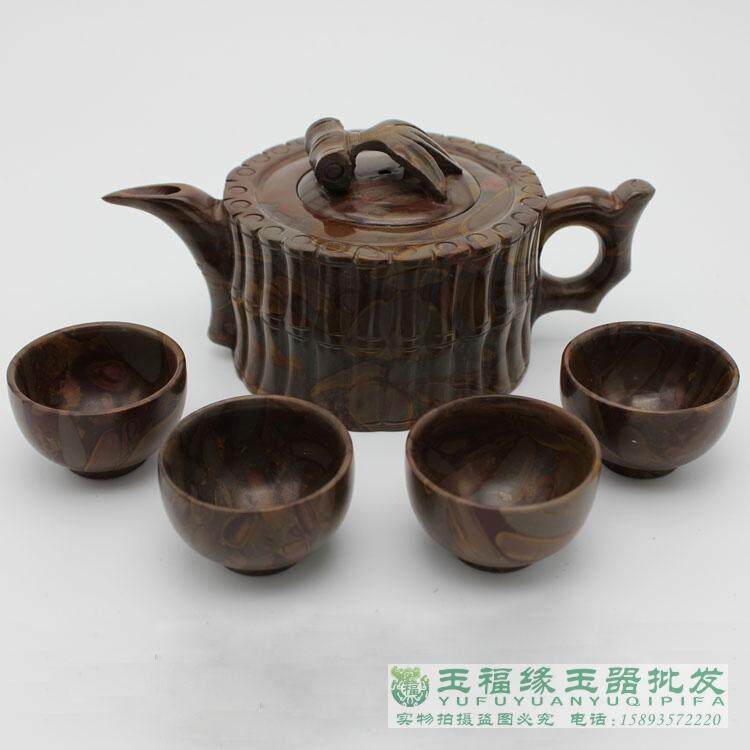 正品天然女娲石玉茶具/玉石酒具摆件 茶壶竹叶青节节高 礼品套盒