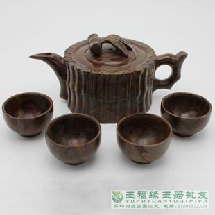 正品天然女娲石玉茶具/玉石酒具摆件 茶壶竹叶青节节高 礼品套盒