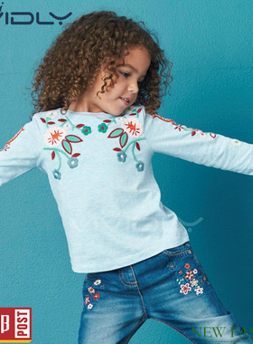 现货 N*XT童装  春女宝 女童蓝色刺绣花卉纯棉长儿童袖T恤 2-3岁