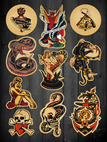 整版复古纹身风格笔记本箱贴酒吧