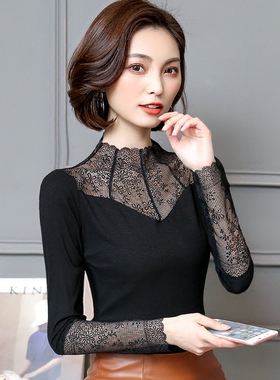2026春秋女装新款高领蕾丝衫加绒打底衫长袖短款T恤百搭上衣小衫