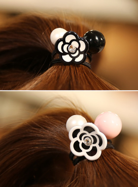 韩国进口 AZNAVOUR AZ 黑色淡粉圆球山茶花朵发绳皮筋发圈