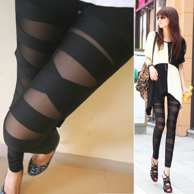 韩版2022春秋女捆绑交叉打底裤网纱拼接修身九分裤时尚薄款小脚裤