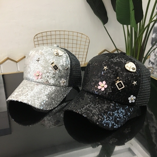 帽子女春夏天网帽亮片棒球帽新款潮韩版镶钻百搭休闲鸭舌帽遮阳帽