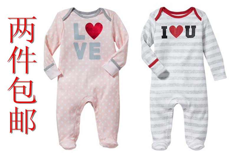 春秋款宝宝连体衣新生儿纯棉连身衣婴儿爬服包脚爱心图案外出衣服