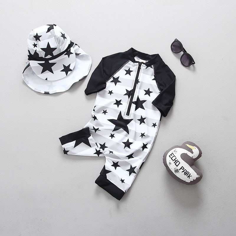 新品儿童黑白星星连体泳衣 男童宝宝防晒冲浪服泳衣裤套装二件套