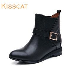 Kiss cat 2015 new leather flat boots for fall/winter kisscat round head short cylinder sleeve low boots