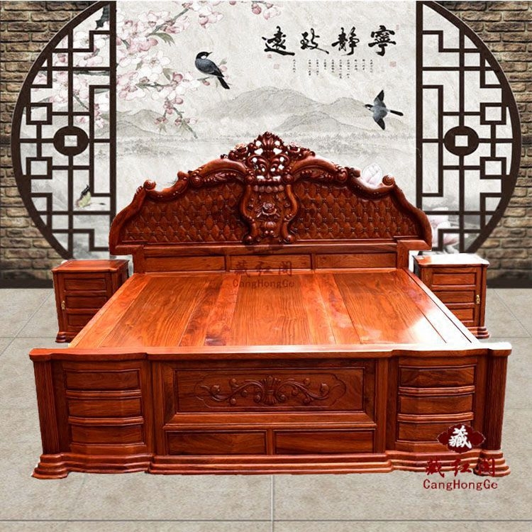 红木家具床 缅甸花梨木雕刻玫瑰欧式大床大果紫檀实木1.8米双人床