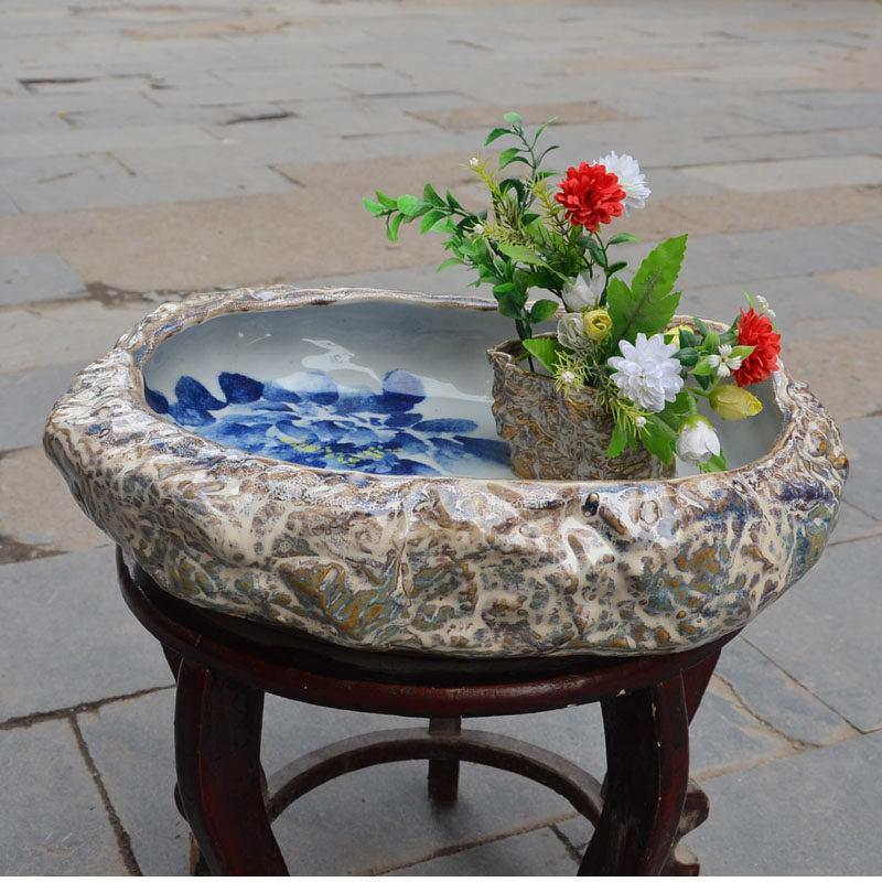 包邮景德镇陶瓷鱼缸创意古典仿石乌龟缸手绘荷花水培水仙碗莲花盆