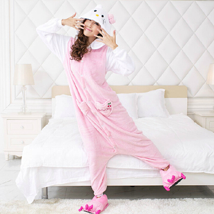 白袖hello KT猫卡通动物连体睡衣男女情侣法拉绒如厕onesie万圣节