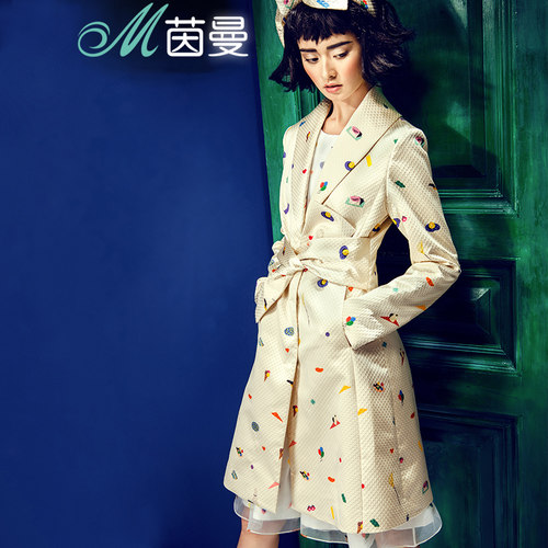 茵曼女神范 设计款印花时尚优雅长袖大衣外套