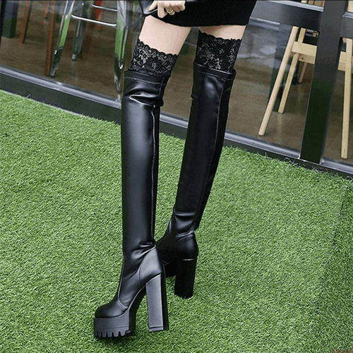 过膝长靴防水台高跟鞋弹力长筒靴