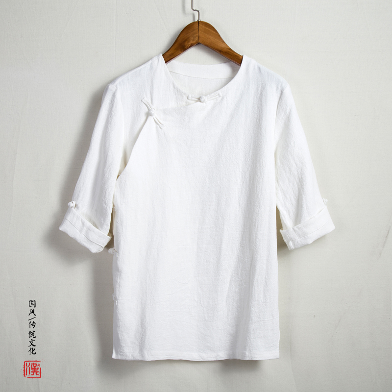 中国风男式盘扣唐装中式茶服秋季粗布麻衣汉服居士服七分袖衬衫