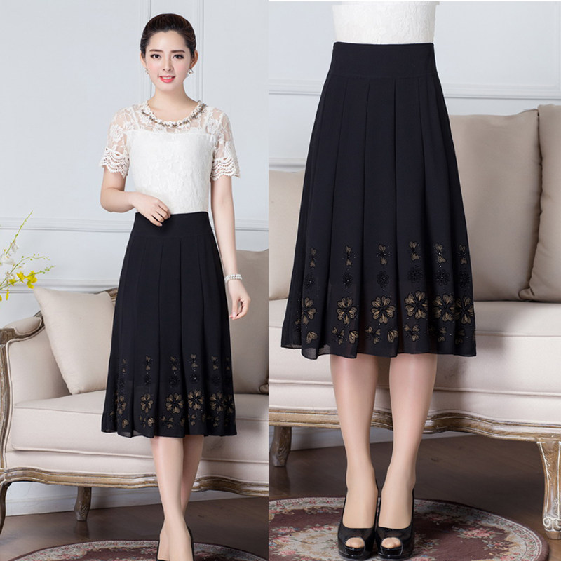 妈妈装裙子半身裙夏季中老年女高腰大码女裙黑色中裙秋冬绣花女裙