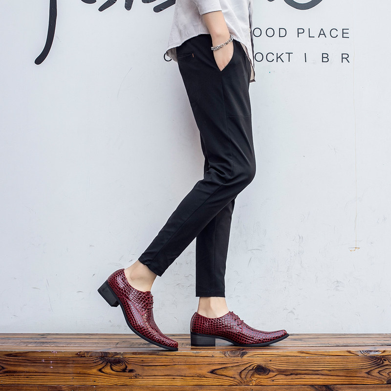 新款潮男鞋 鳄鱼纹英伦尖头男高跟皮鞋个性增高鞋 发型师欧版男鞋