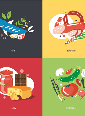 A0309矢量扁平化食物元素鱼芝士香肠水果蔬菜巧克力 AI设计素材