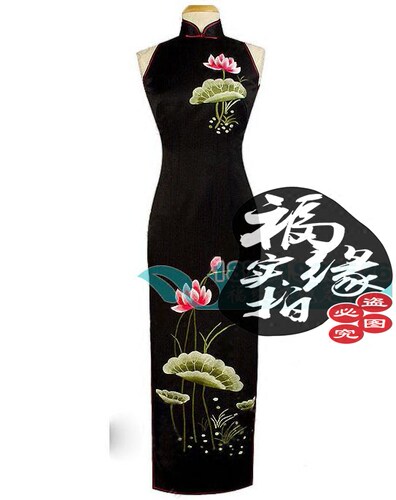 高端定制 重磅真丝40姆米纯黑色荷妖削肩长旗袍礼服裙定做唐装