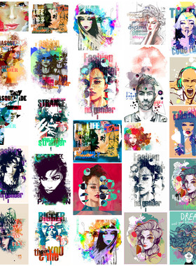 矢量设计素材 25张时尚水彩女郎头像插画杂志风格图案模板 EPS