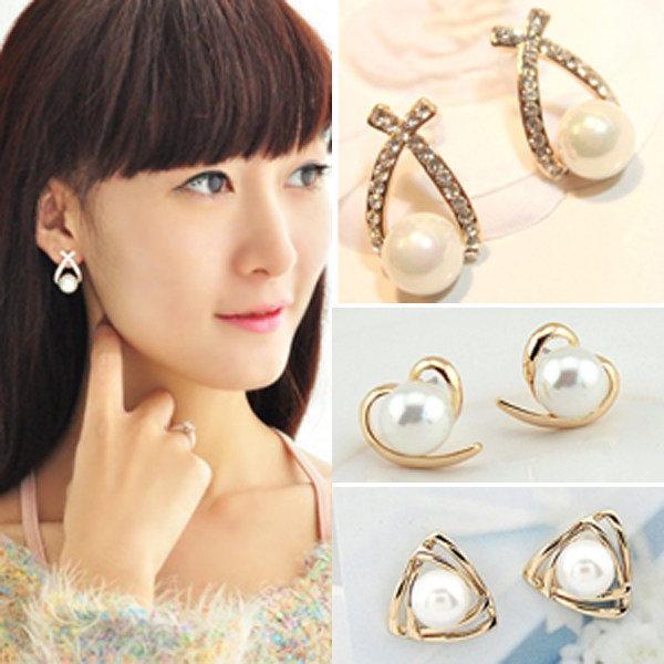 买二送一  2014新品韩版优雅百搭气质交叉水钻珍珠耳钉耳环