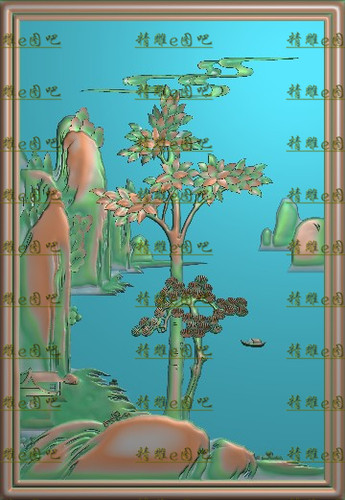 高清设计素材精雕图jdp灰度bmp精品2山水背板205x296新款松树房子