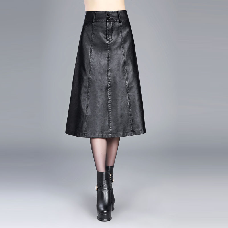 Half skirt womens 2021 autumn and winter new knee length skirt slim fit and versatile PU leather skirt high waist large A-line skirt
