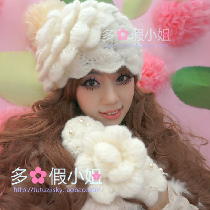 魔法家冬季新森女系花朵贝雷名媛淑女紫色珍珠针织毛线帽子公主帽