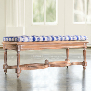 美式乡村床尾凳 法式实木蓝条纹布艺换鞋凳 欧式高档雕花脚蹬定制